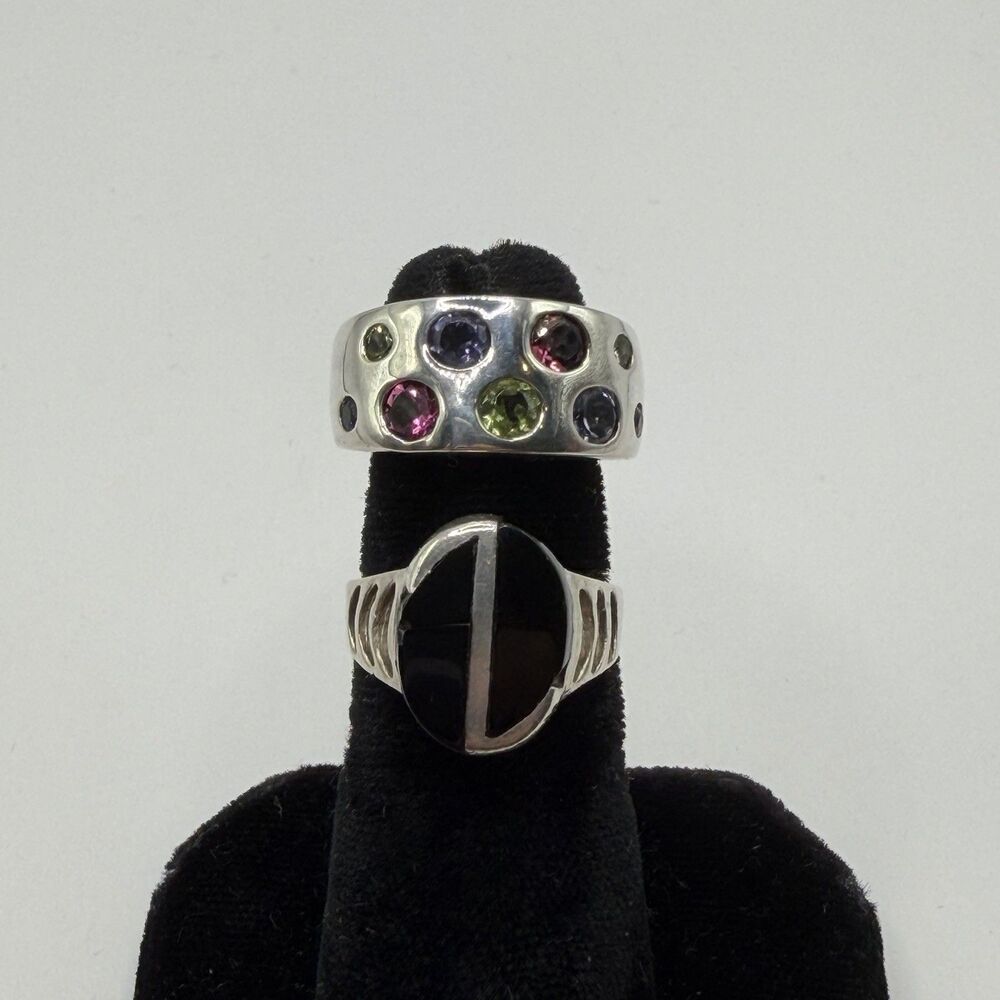 Lot of 2 Sterling Silver 925 Rings Size 5 Black Onyx & Multi Gemstone Band